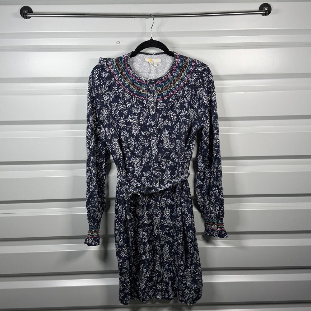 Boden Navy Floral Rainbow Smocked Button Front Jersey Dress US 10R D0038